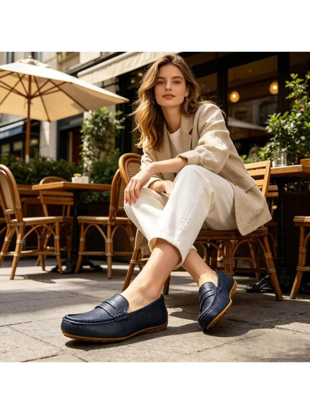 Women's Blue Leather Penny Loafers Comfortable Lightweight Slip On Casual Shoes